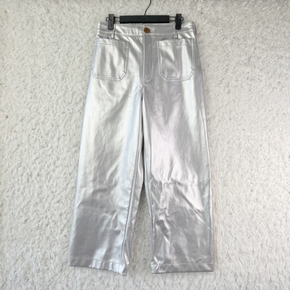 CeCe Silver Vegan Leather Wide Leg Crop Pants Size S Festival Statement Glam